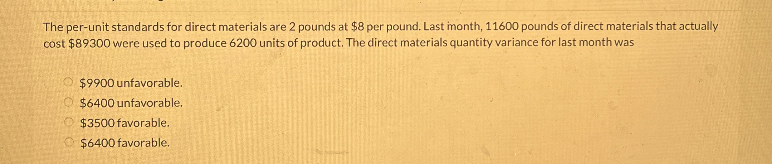 The per - unit standards for direct materials are