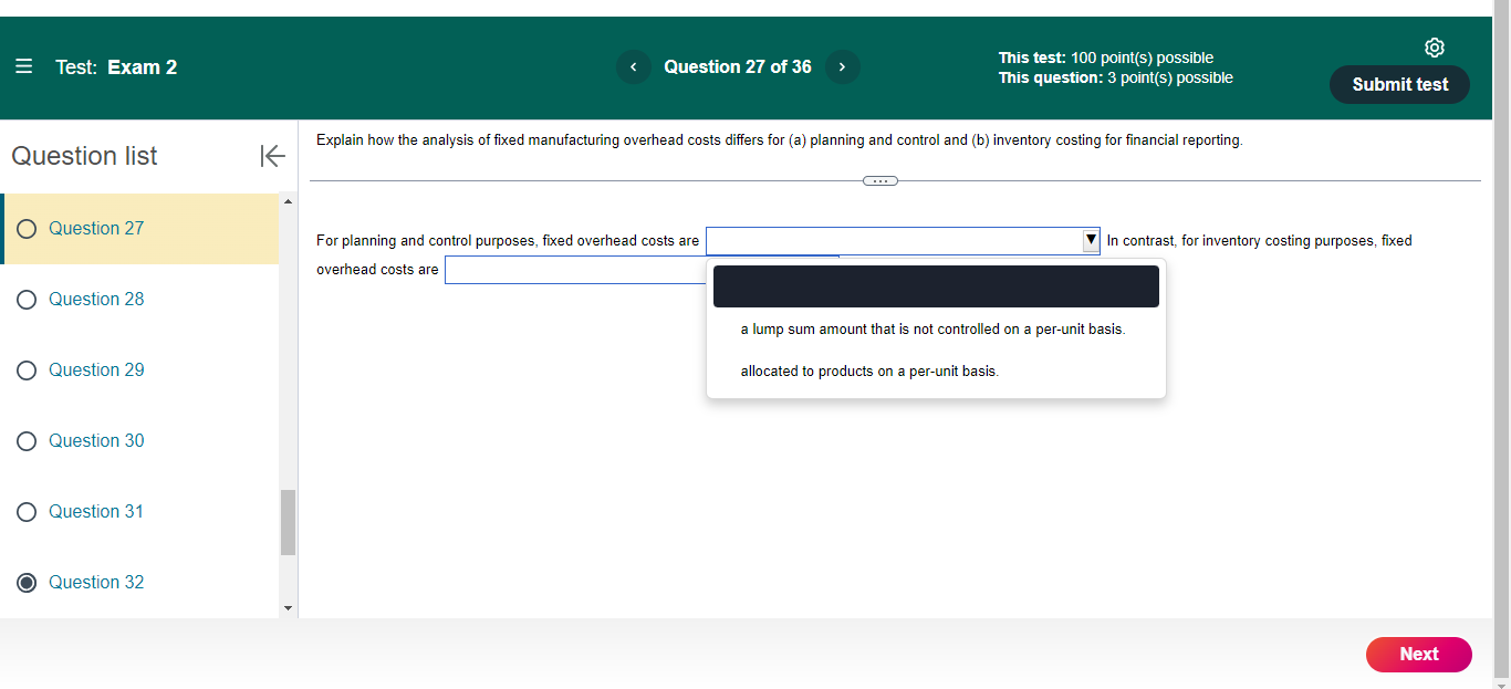 = Test: Exam 2 Question 27 of 36 This test: 100