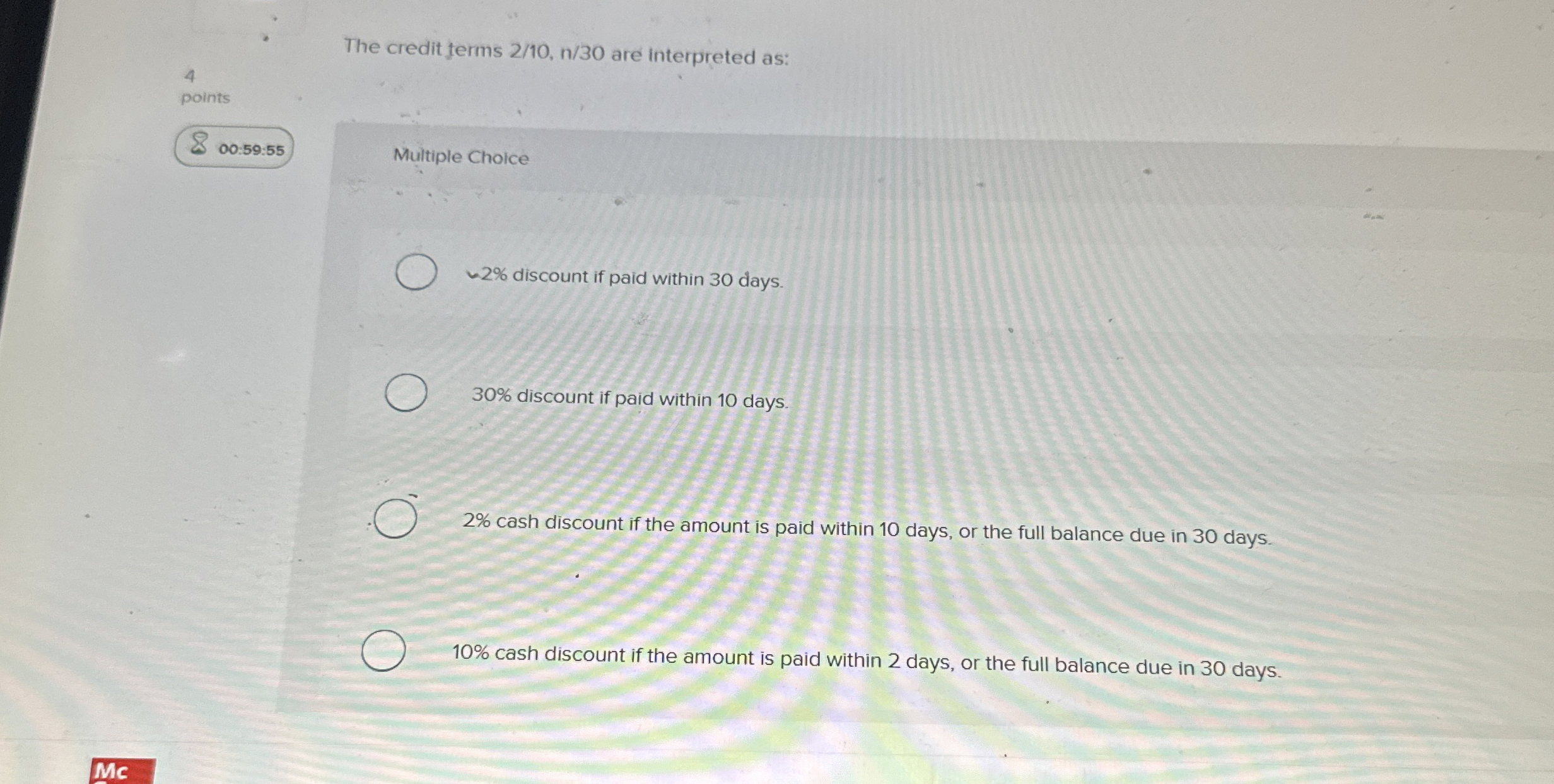 The credit terms 2 / 1 0 , n / 3 0 are