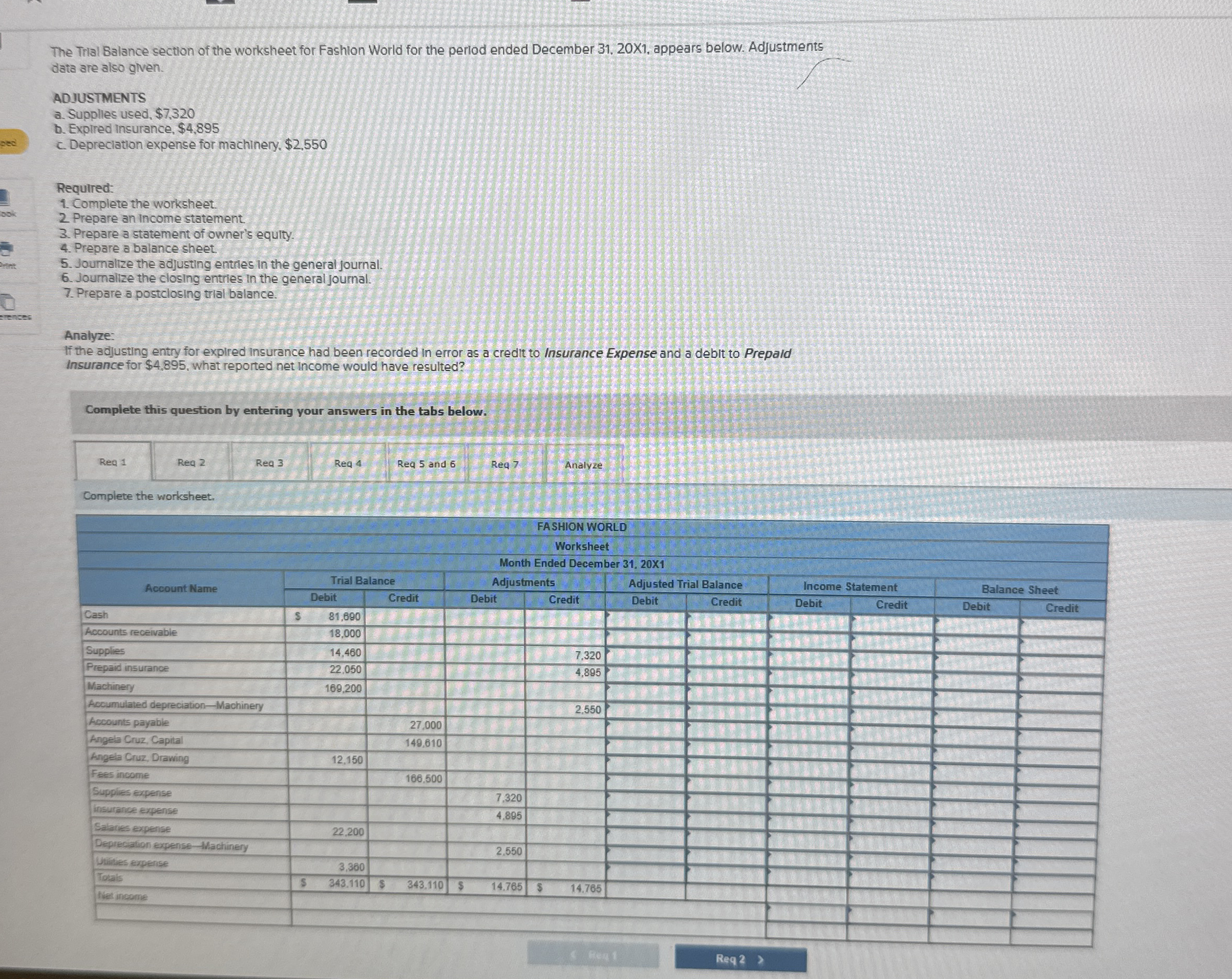 The Trial Balance section of the worksheet for
