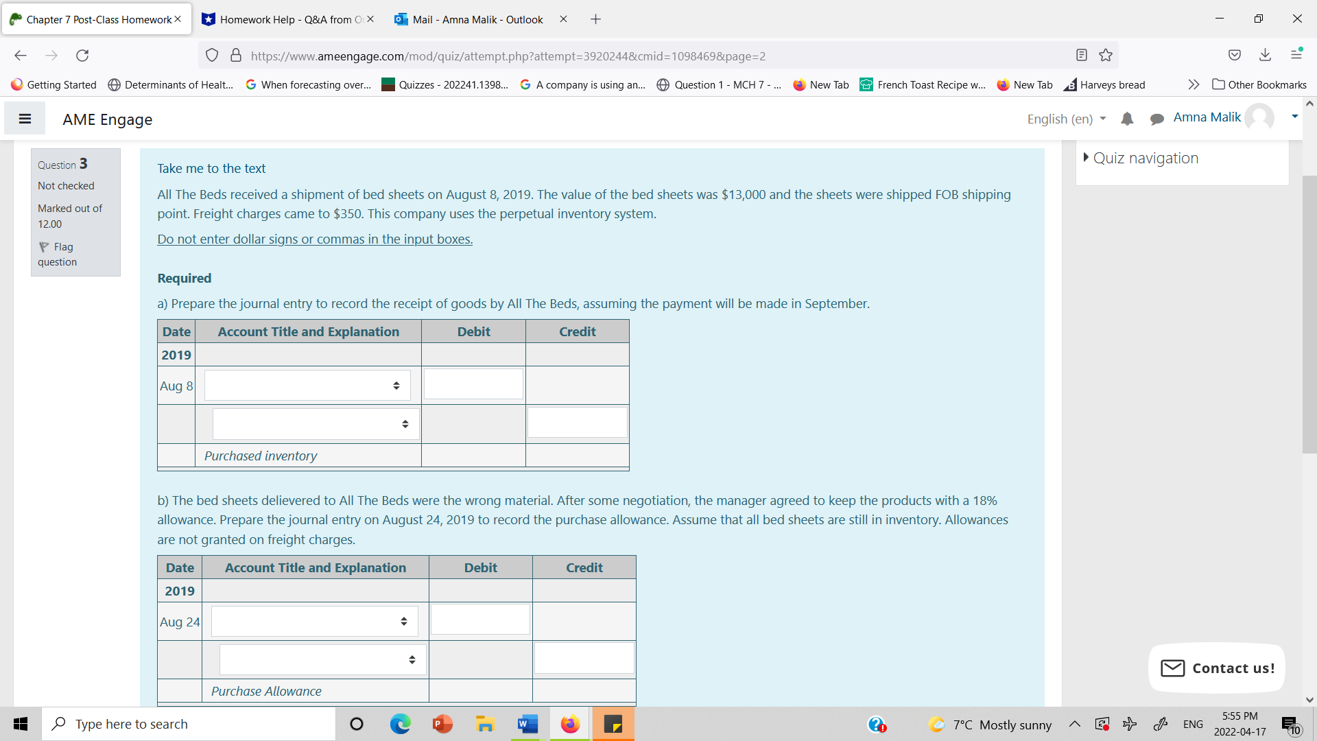 Chapter 7 Post-Class Homework X *Homework Help -