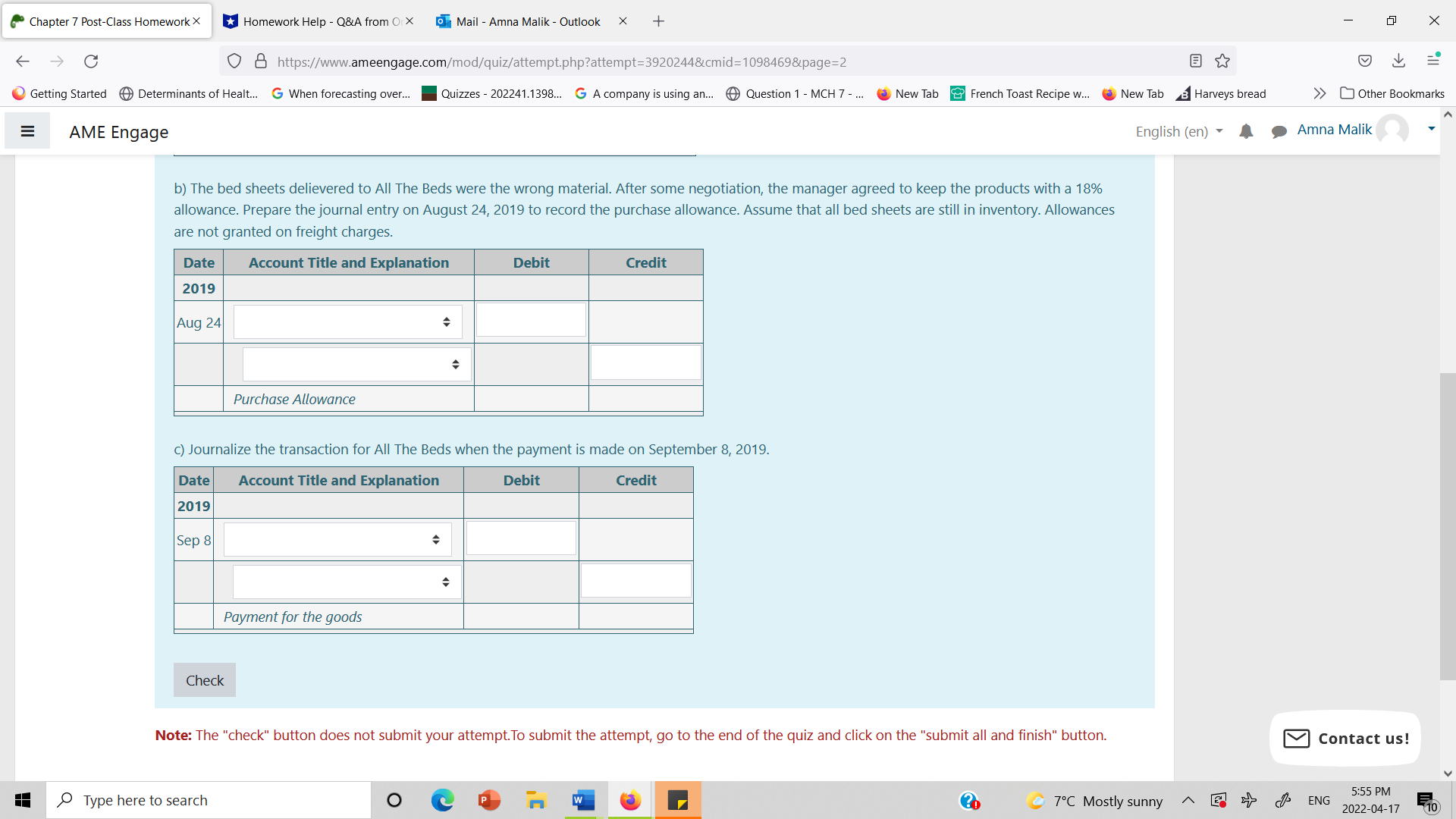 Chapter 7 Post-Class Homework X *Homework Help -