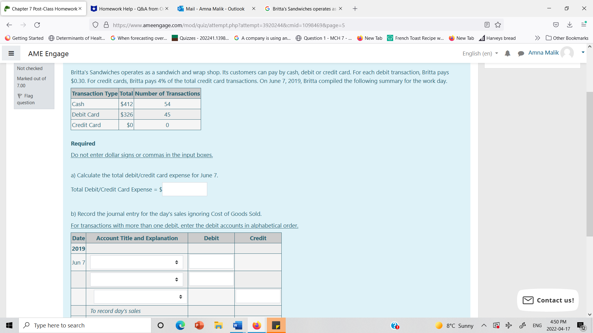Chapter 7 Post-Class Homework X *Homework Help -
