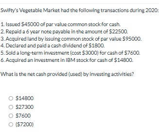 Swifty's Vegetable Market had the following