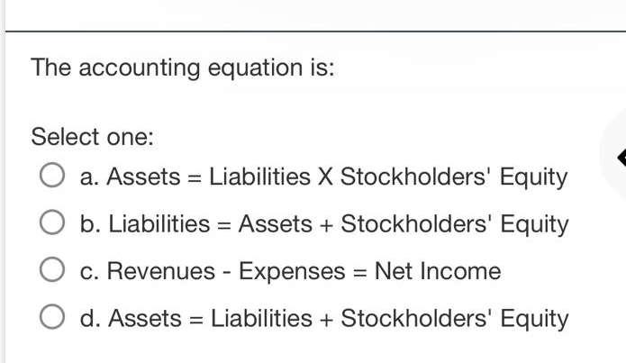 The accounting equation is: Select one: a .