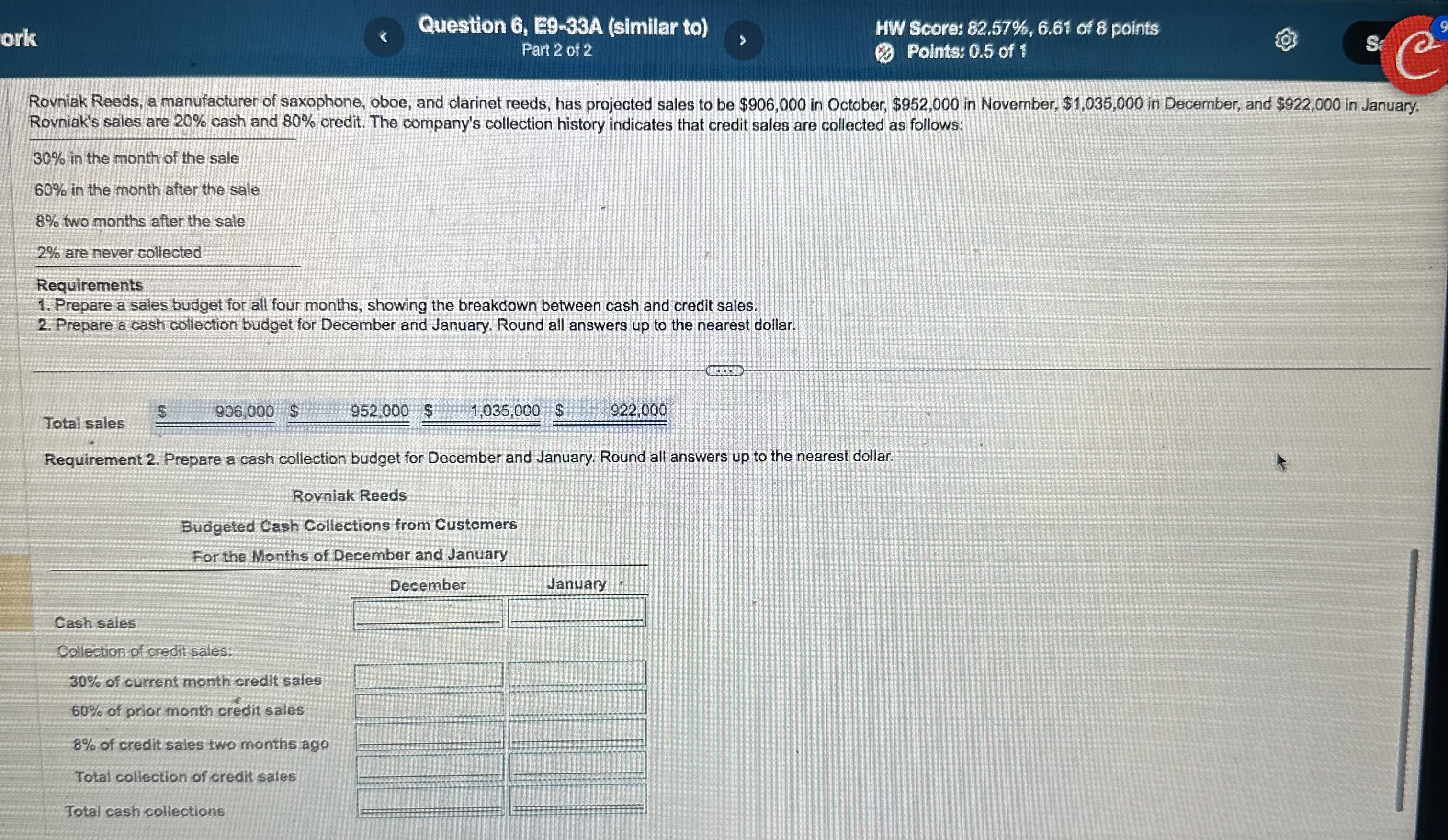 ork Question 6, E9-33A (similar to) HW Score:
