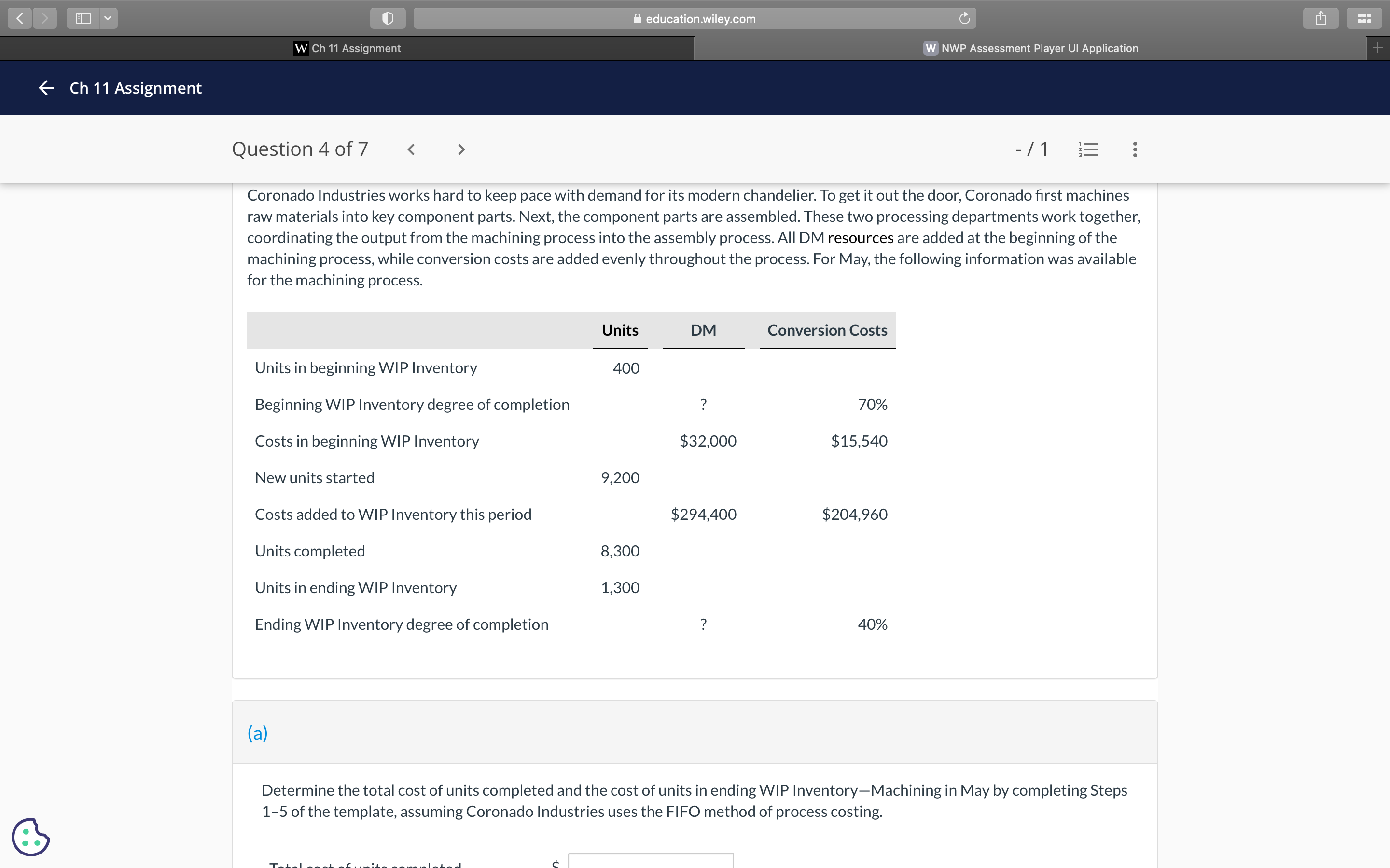 < > I Y education.wiley.com C W Ch 11 Assignment