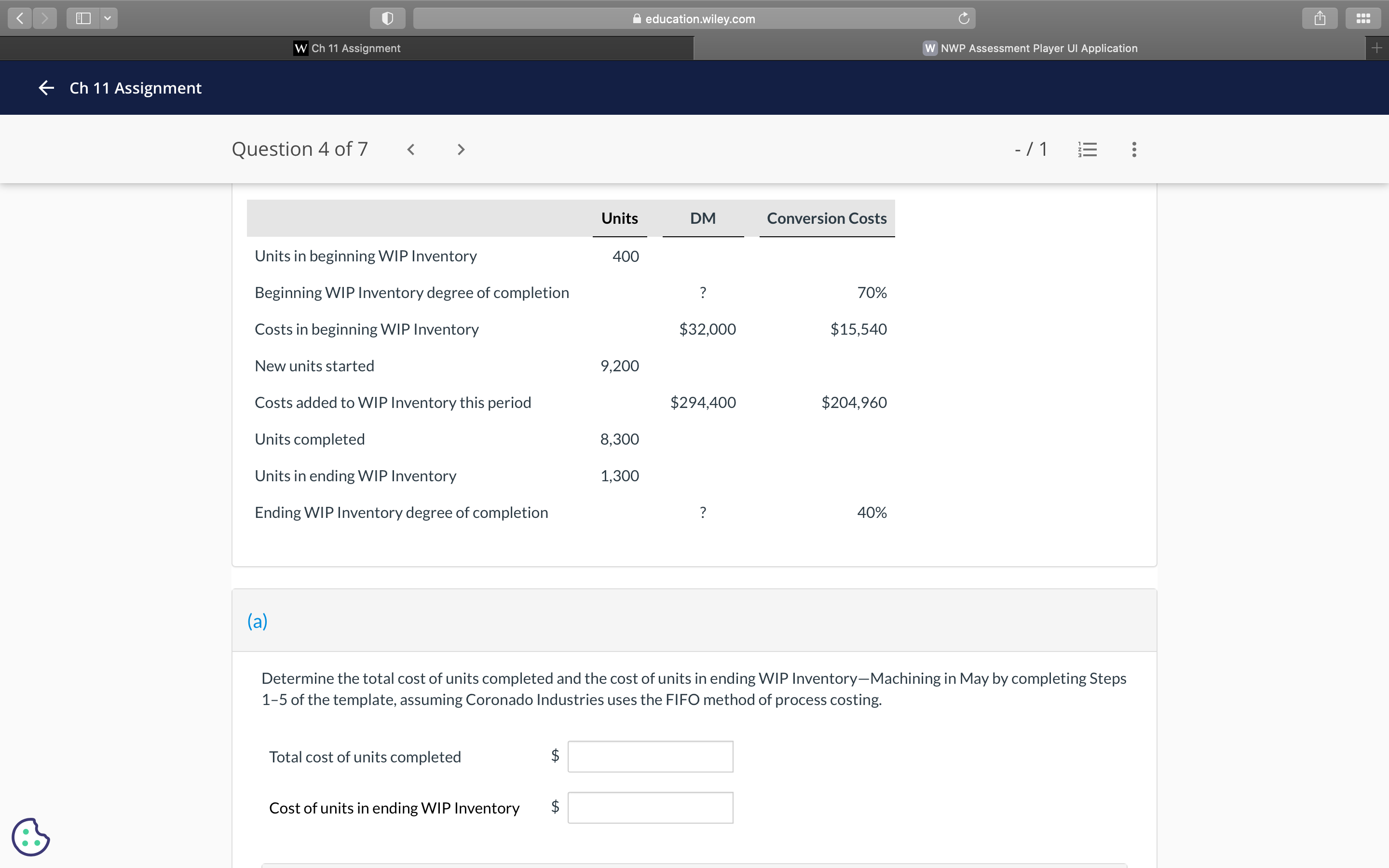 < > I Y education.wiley.com C W Ch 11 Assignment