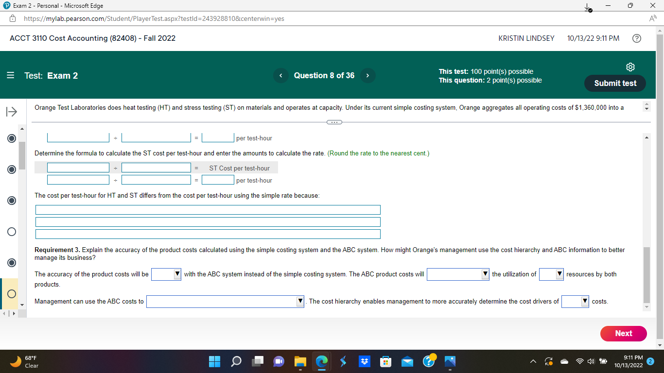 = Test: Exam 2 < Question 8 of 36 > This test: