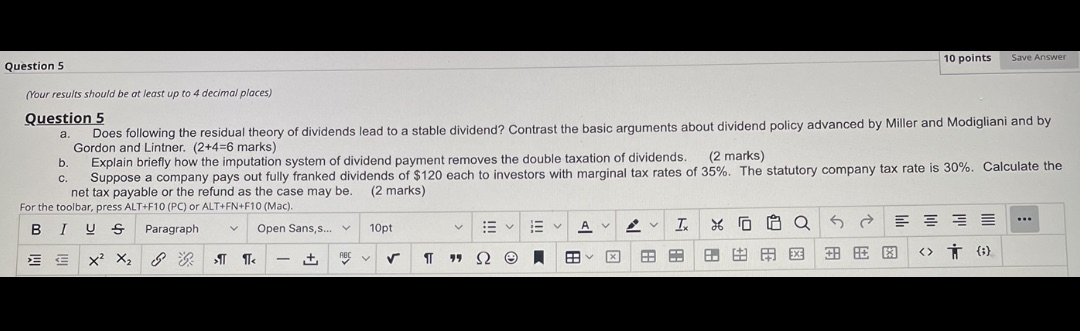 Question 5 10 points Save Answer (Your results