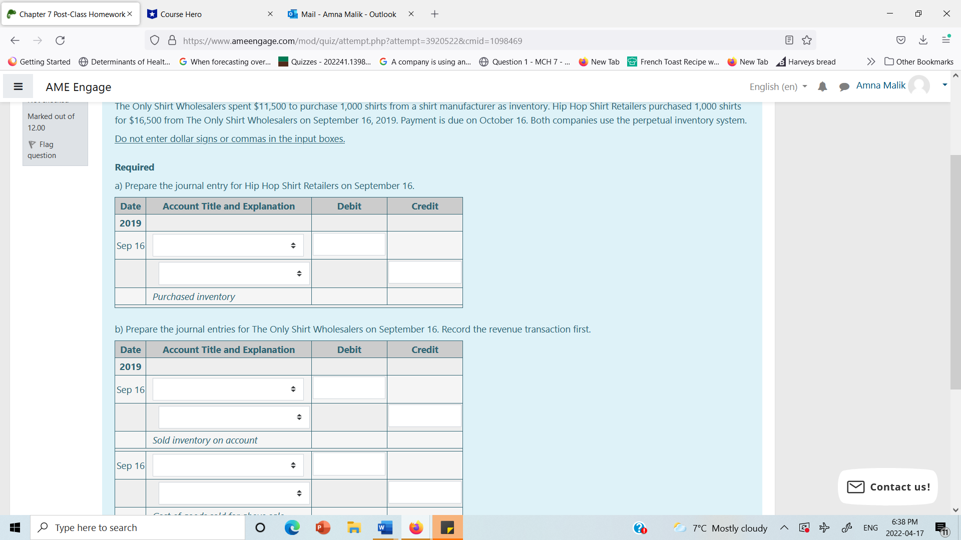 Chapter 7 Post-Class Homework X *Course Hero X