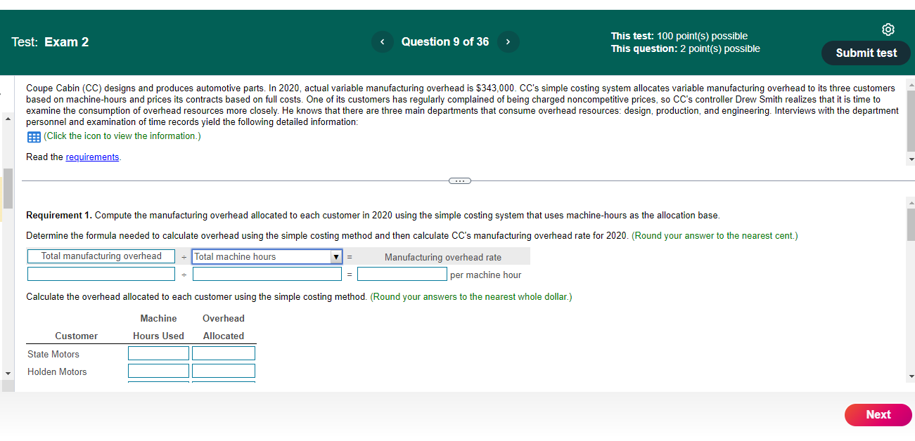 This lest: 100 point(s} possible This question: 2
