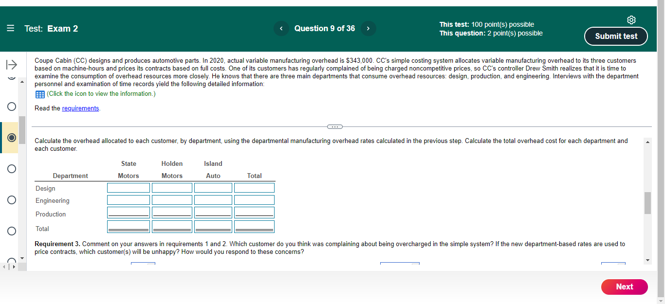 This lest: 100 point(s} possible This question: 2