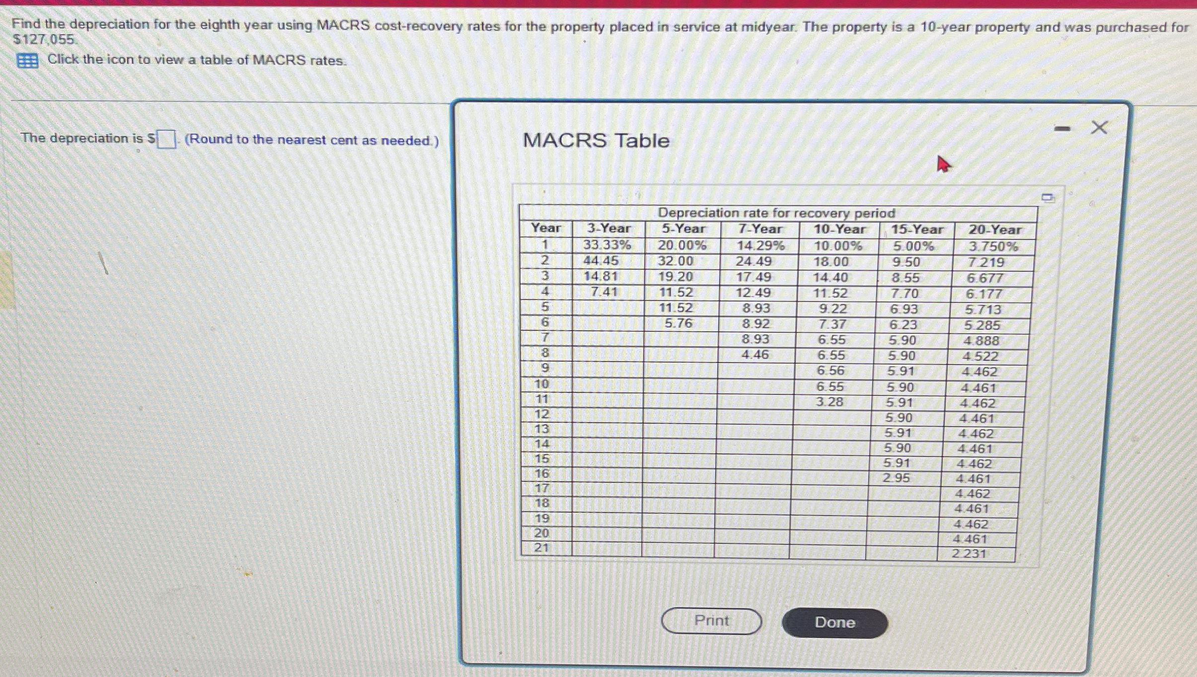 Find the depreciation for the eighth year using