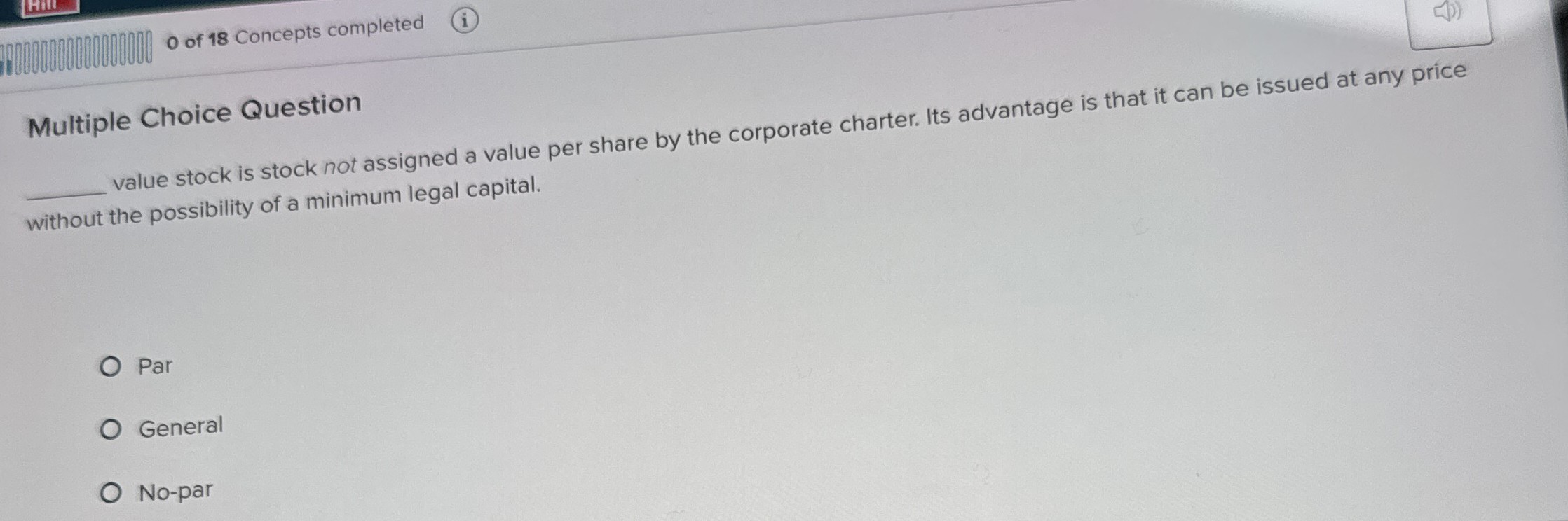 0 of 1 8 Concepts completed Multiple Choice