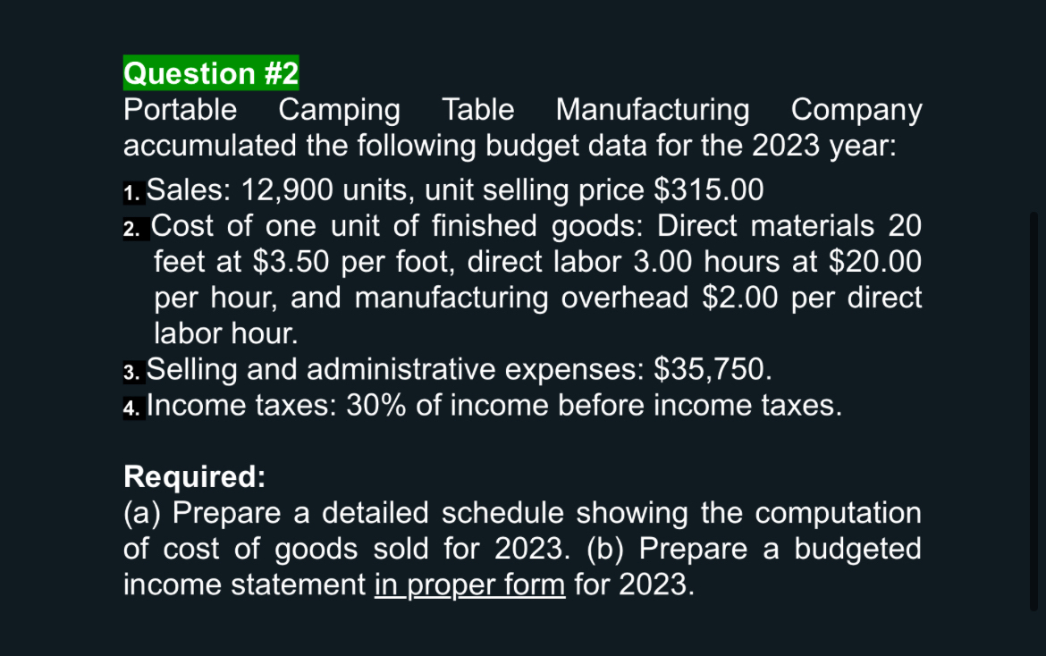 Question # 2 Portable Camping Table Manufacturing