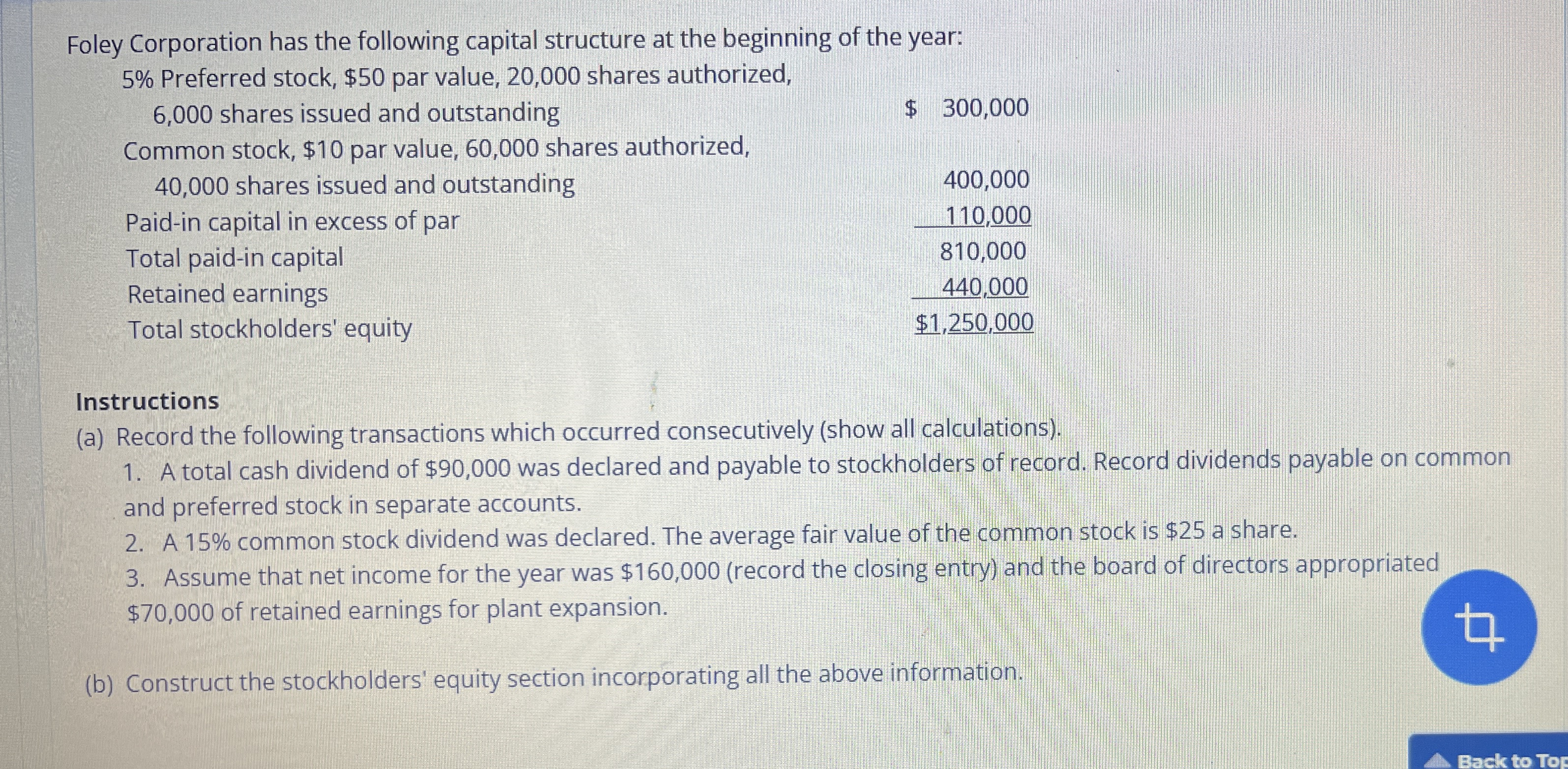 Foley Corporation has the following capital
