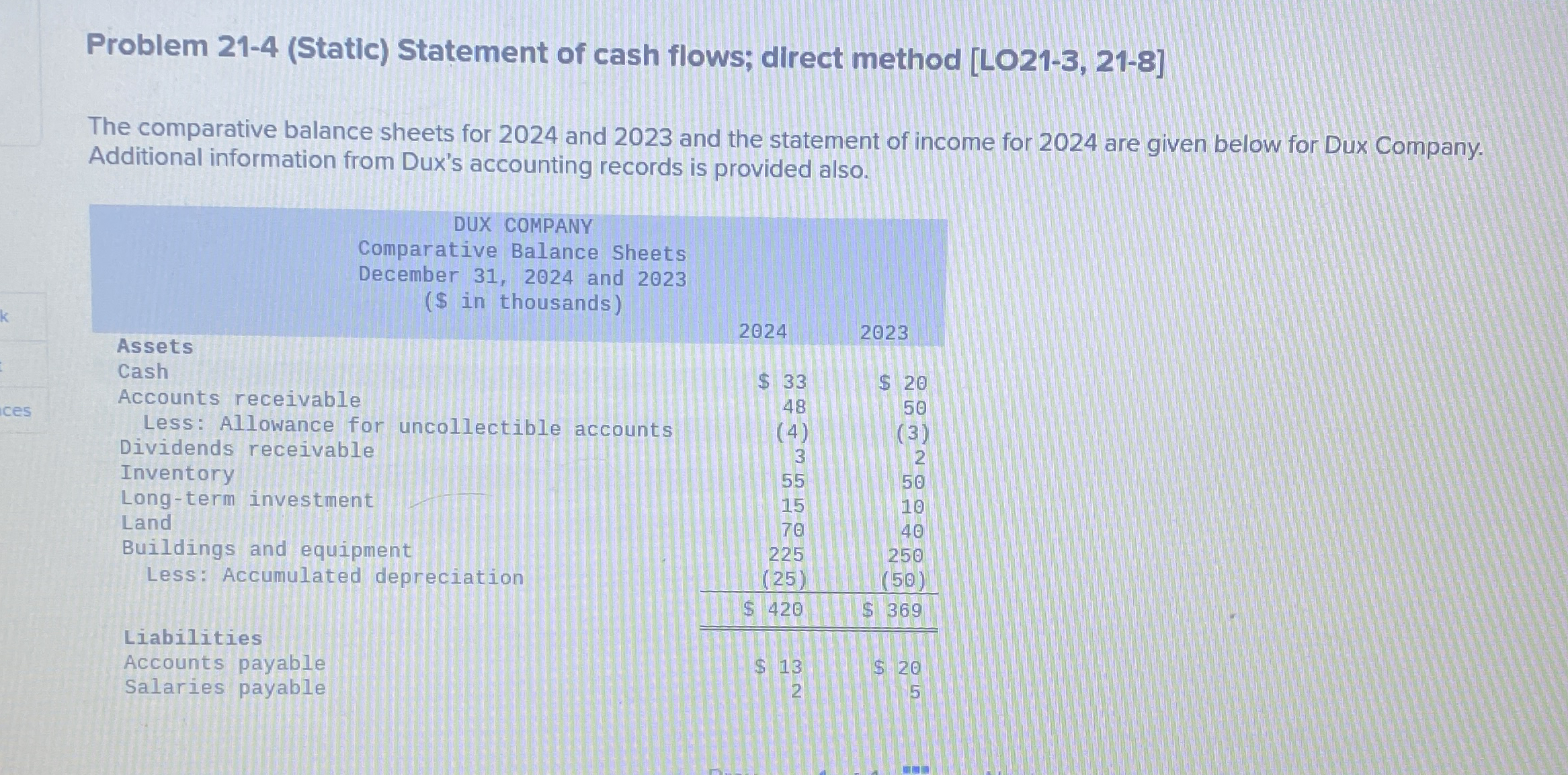 Problem 2 1 - 4 ( Static ) Statement of cash