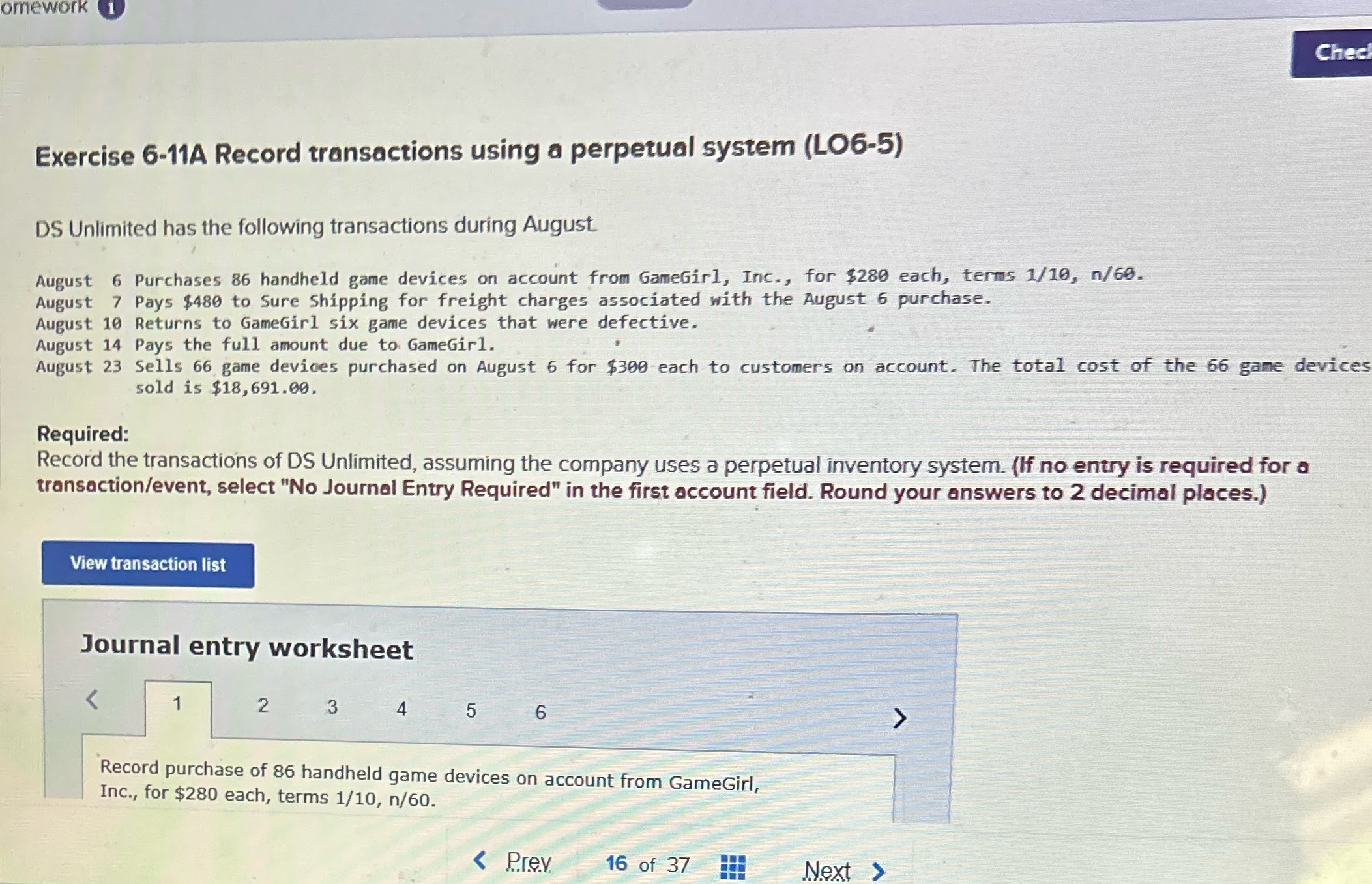 omework Check Exercise 6-11A Record transactions