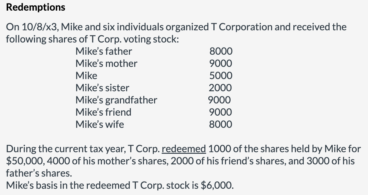 1 . Before the redemption, Mike owns the