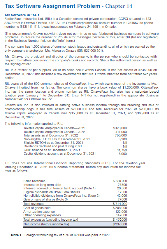 Tax Software Assignment Problem - Chapter 14 Tax