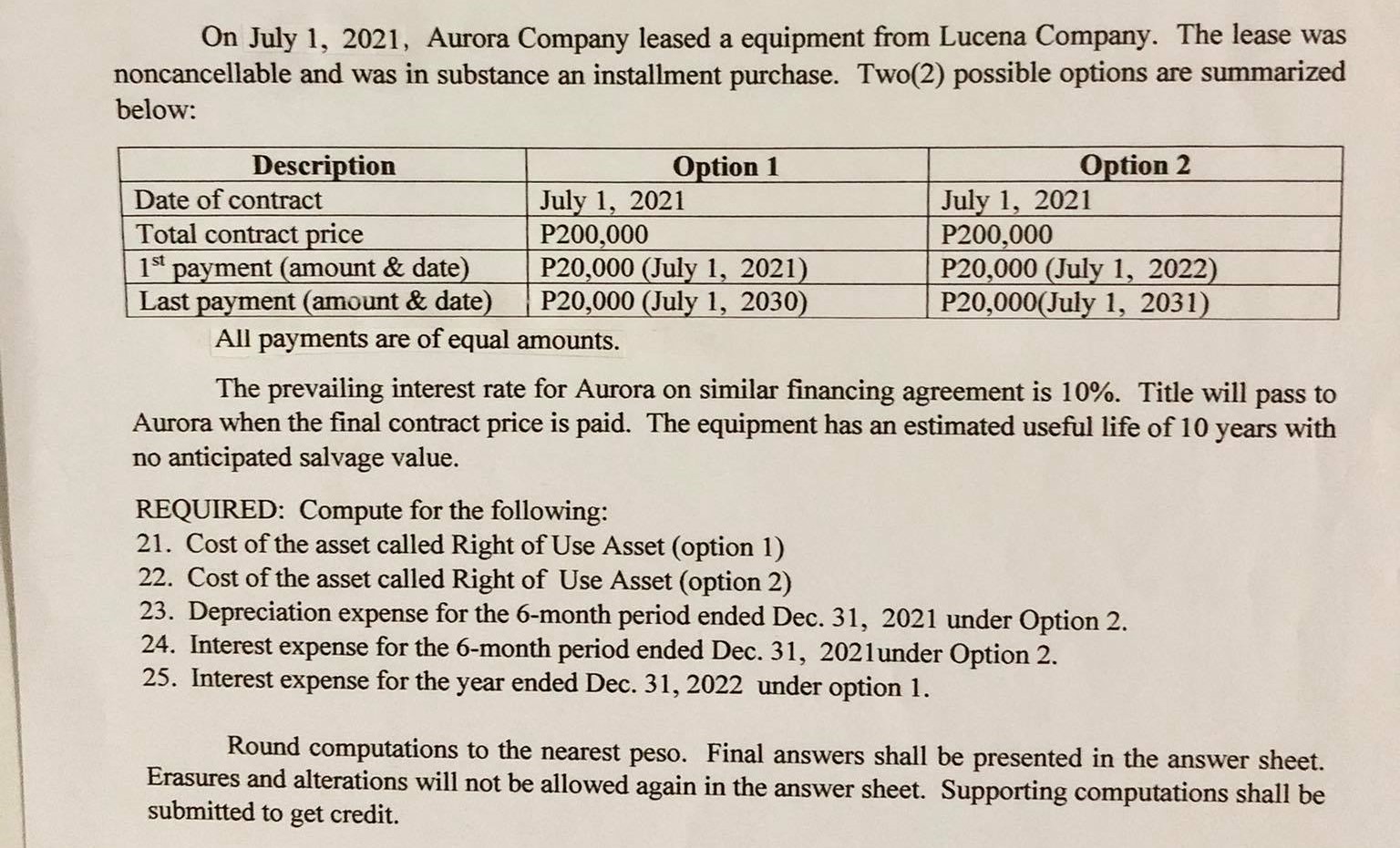 On July 1, 2021, Aurora Company leased a