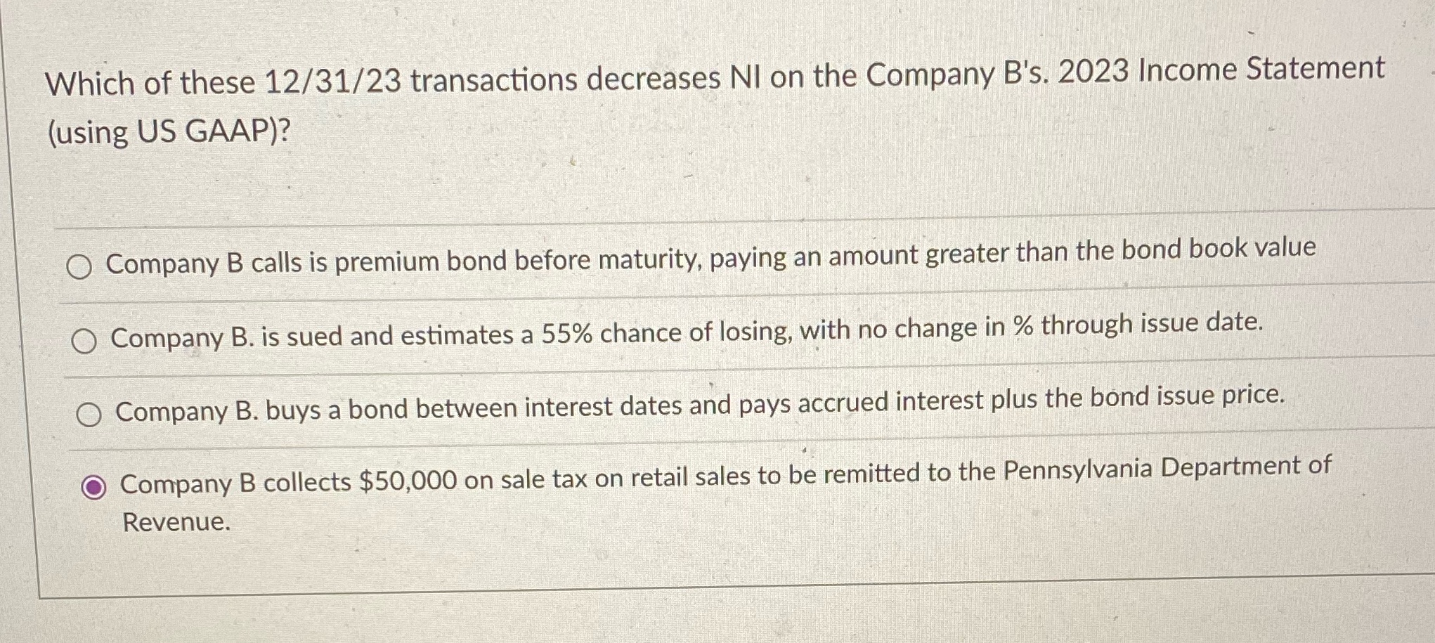 Which of these 12/31/23 transactions decreases NI