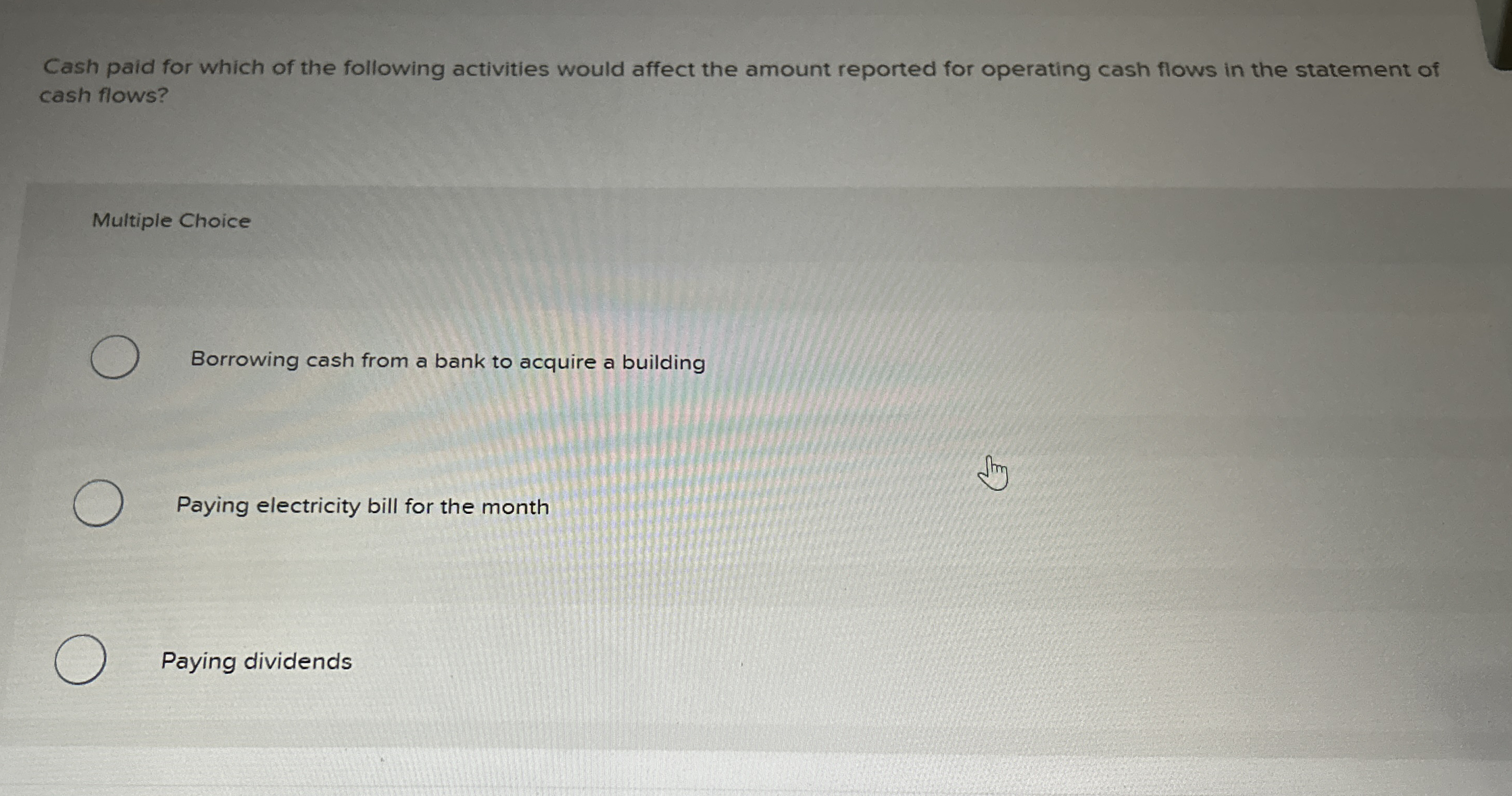 Cash paid for which of the following activities