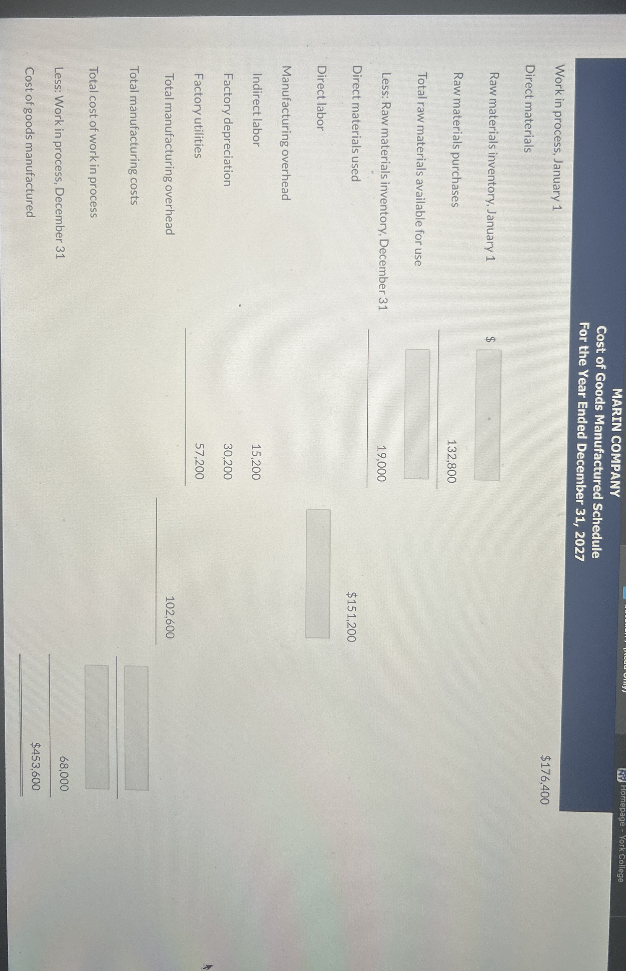 An incomplete cost of goods manufactured schedule