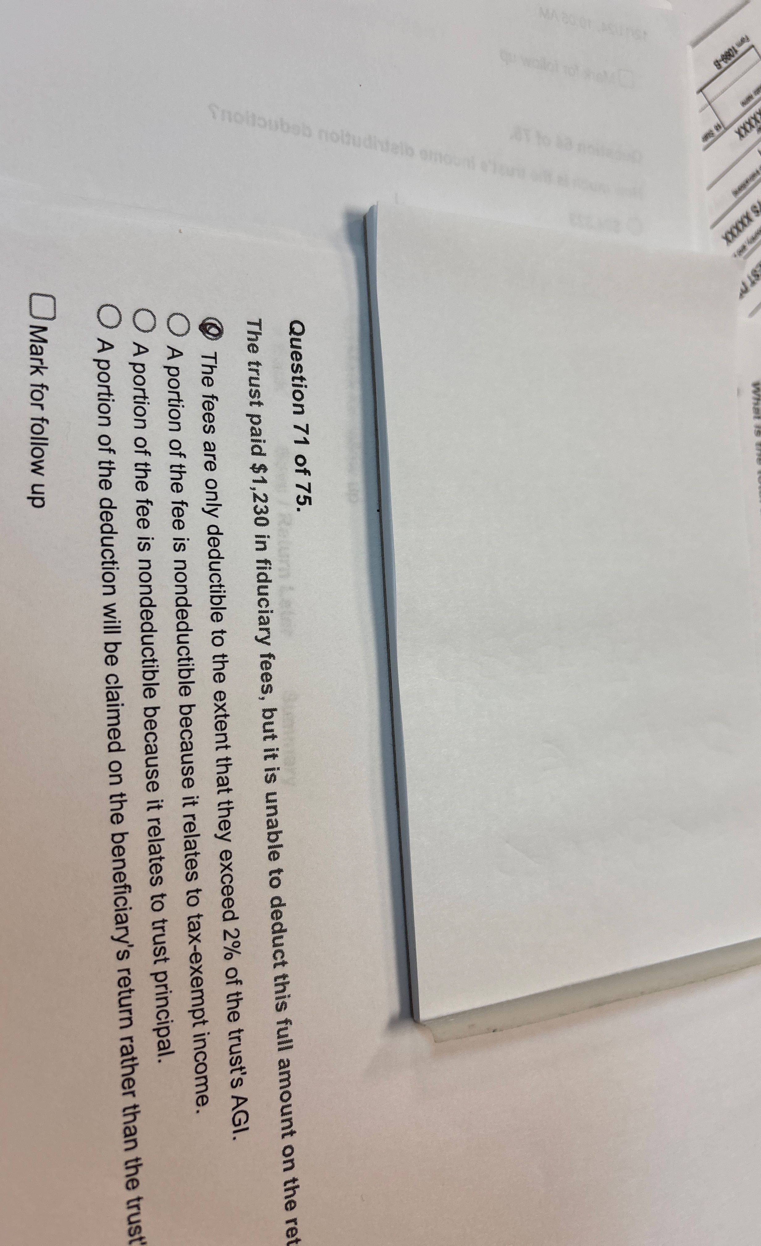 Question 7 1 of 7 5 . The trust paid $ 1 , 2 3 0