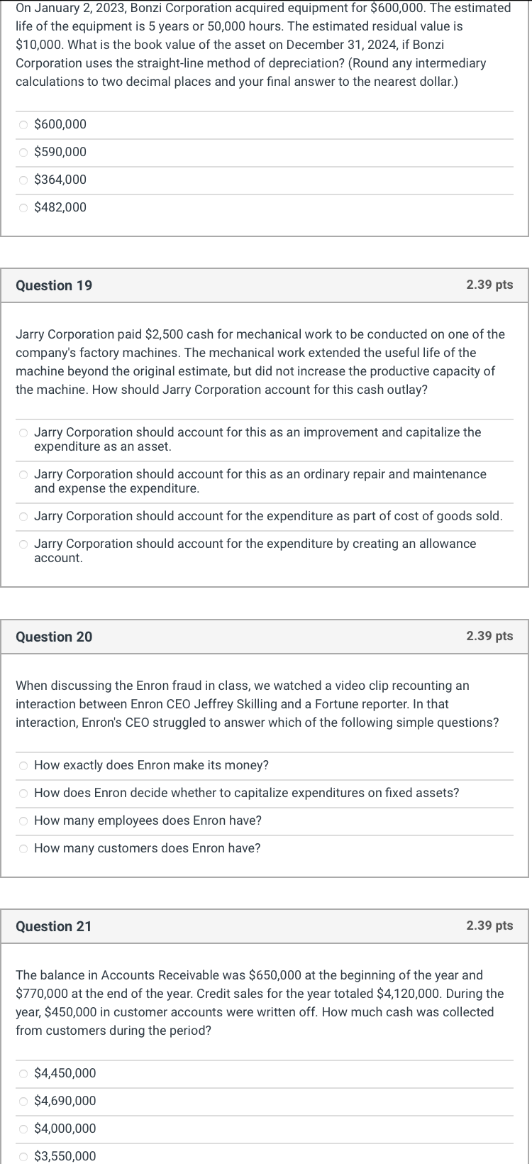 Question 11 2.39 pts A year-end review of