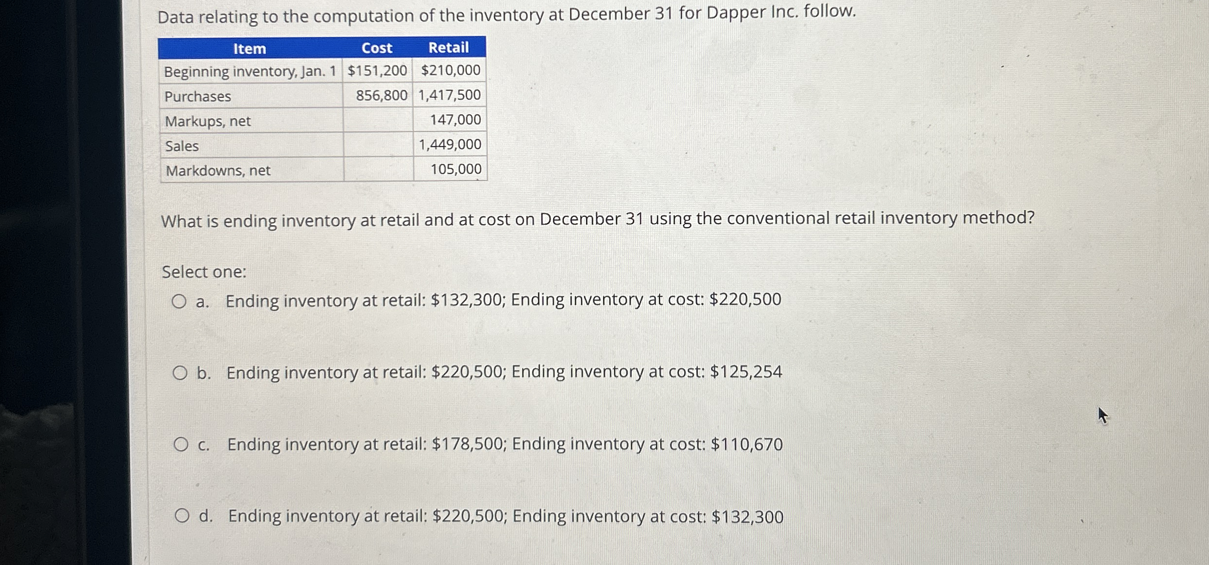 Data relating to the computation of the inventory