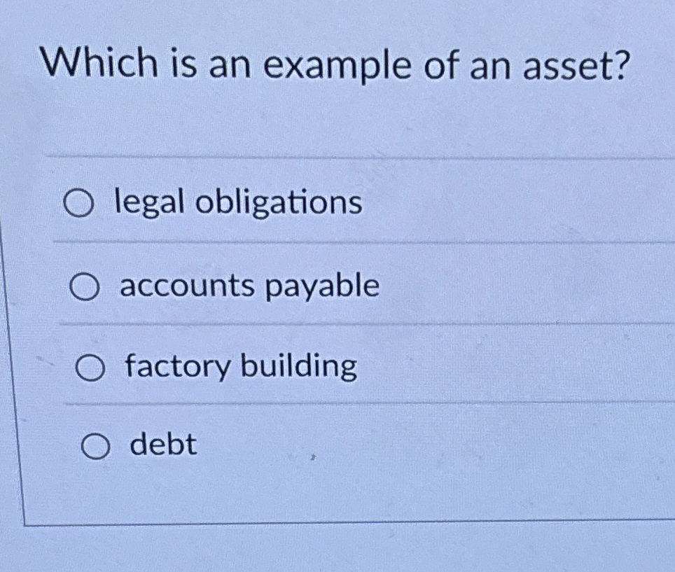 Which is an example of an asset? legal