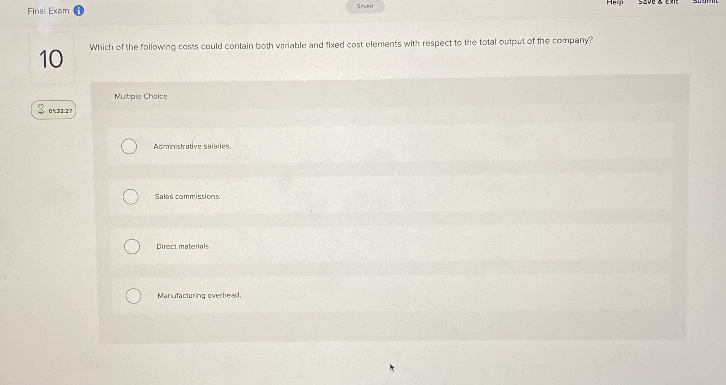 Final Exam ( i ) 1 0 Which of the following costs