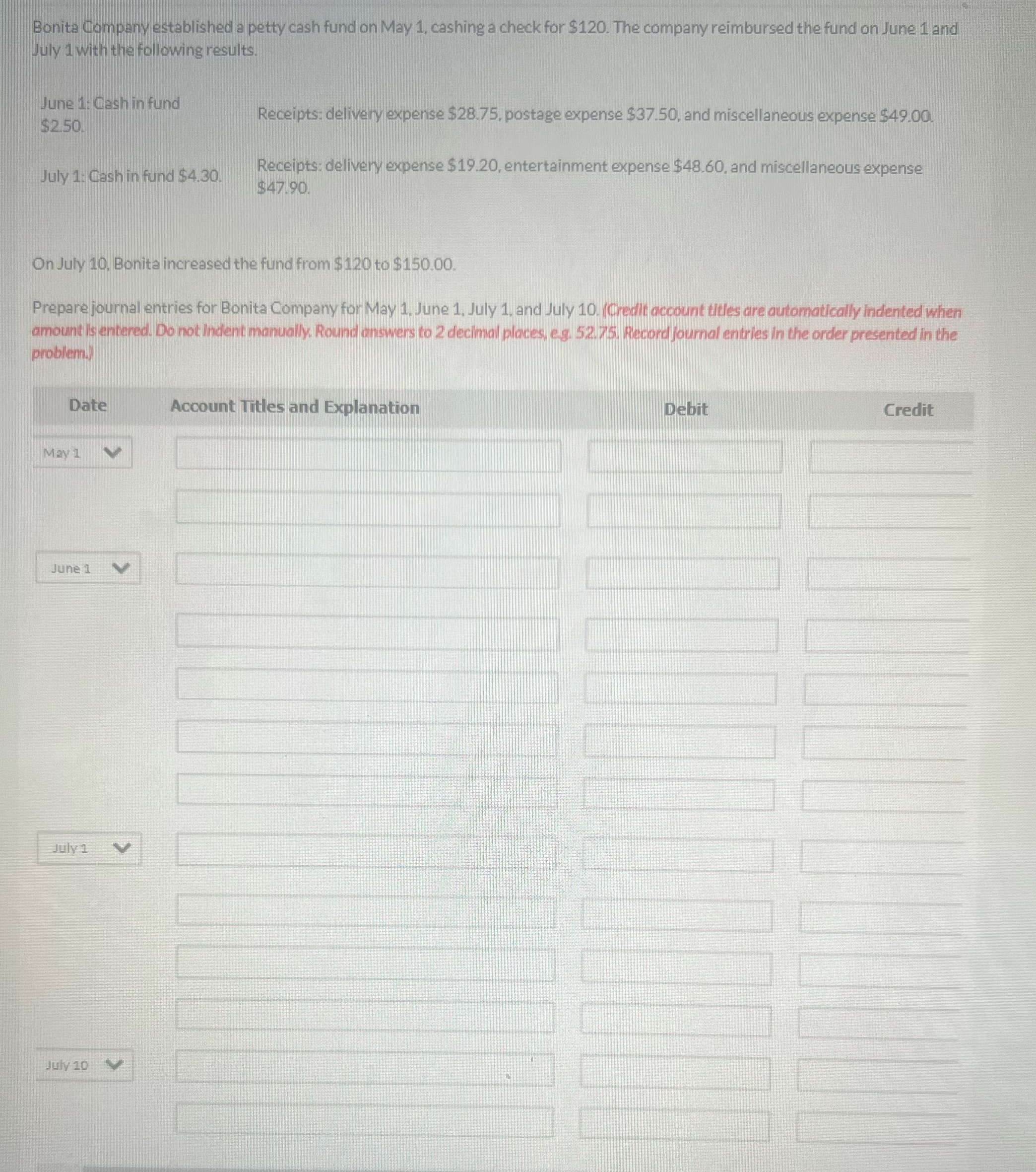 Prepare journal entries for Bonita company for