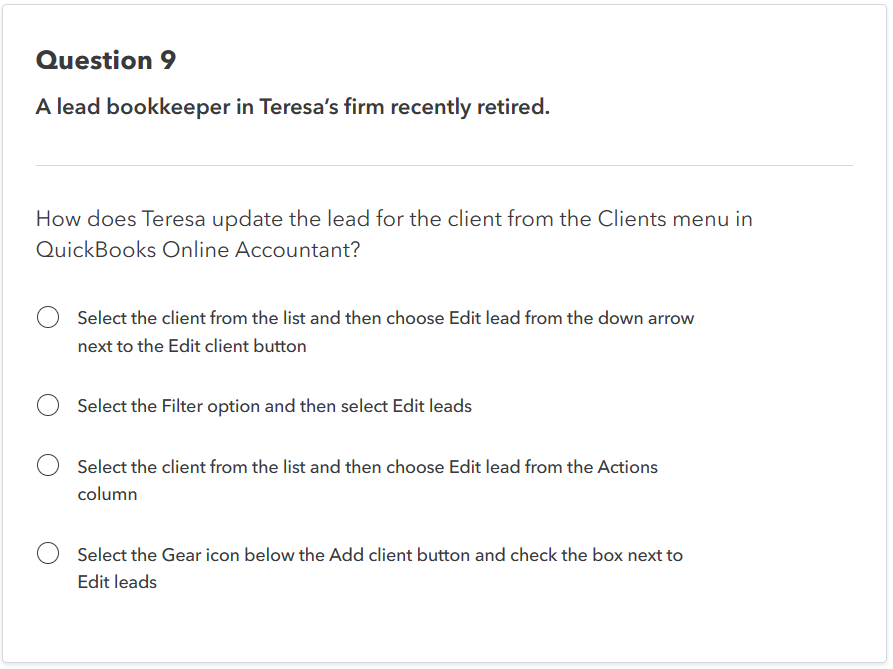 Question 9 A lead bookkeeper in Teresa's