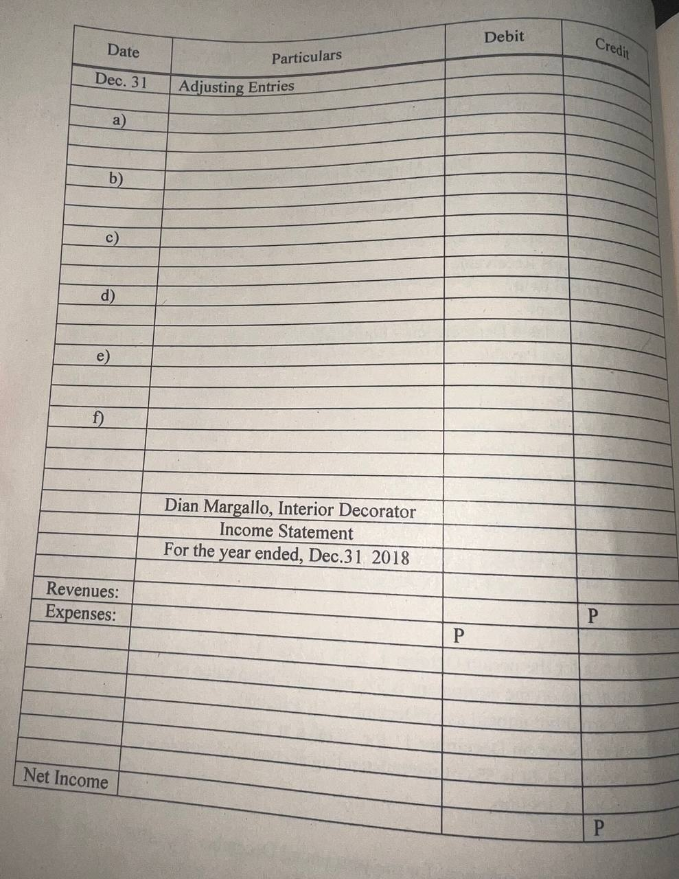 Debit Credit Date Particulars Dec. 31 Adjusting