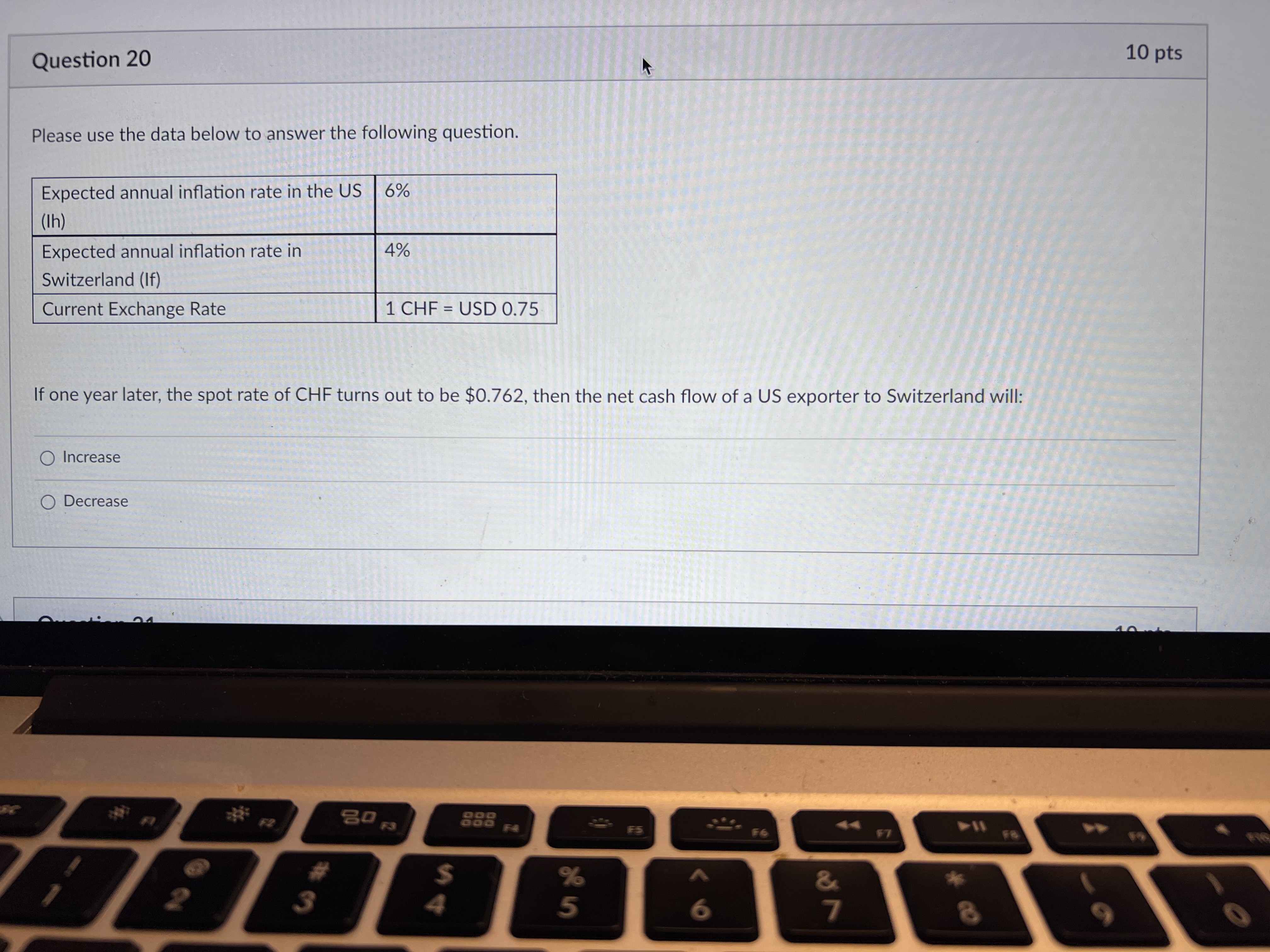 Question 19 10 pts Please use the data below to