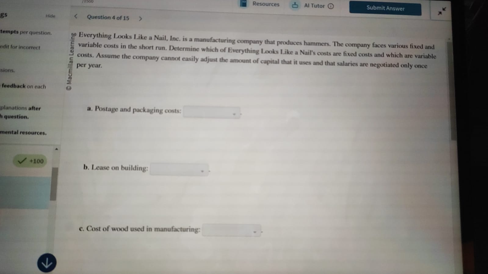 Resources Al Tutor Submit Answer gs Hide <