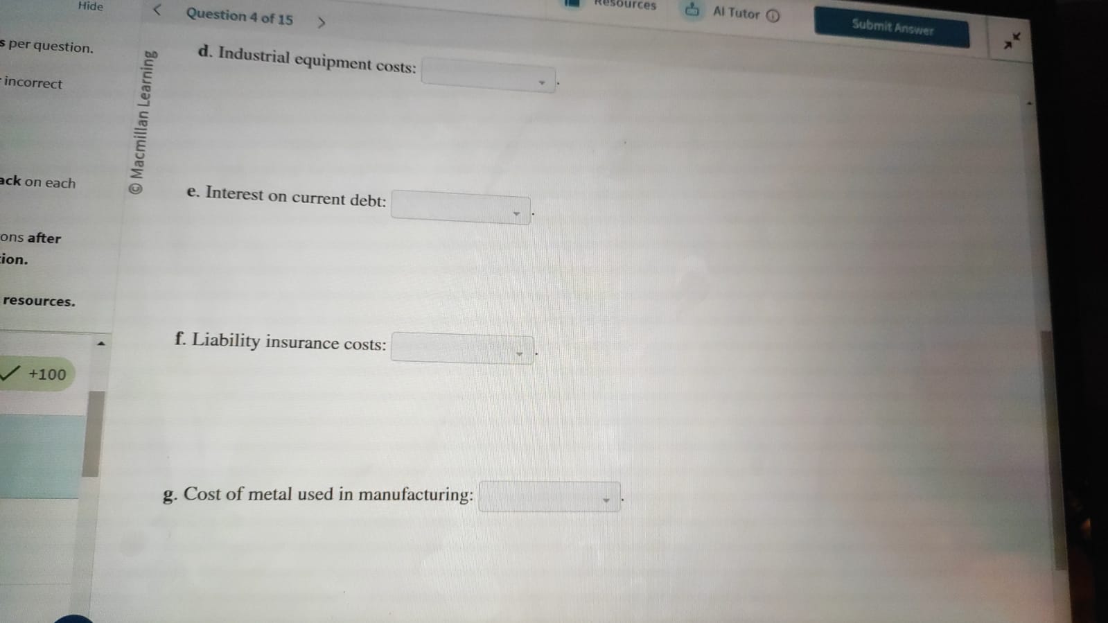 Resources Al Tutor Submit Answer gs Hide <