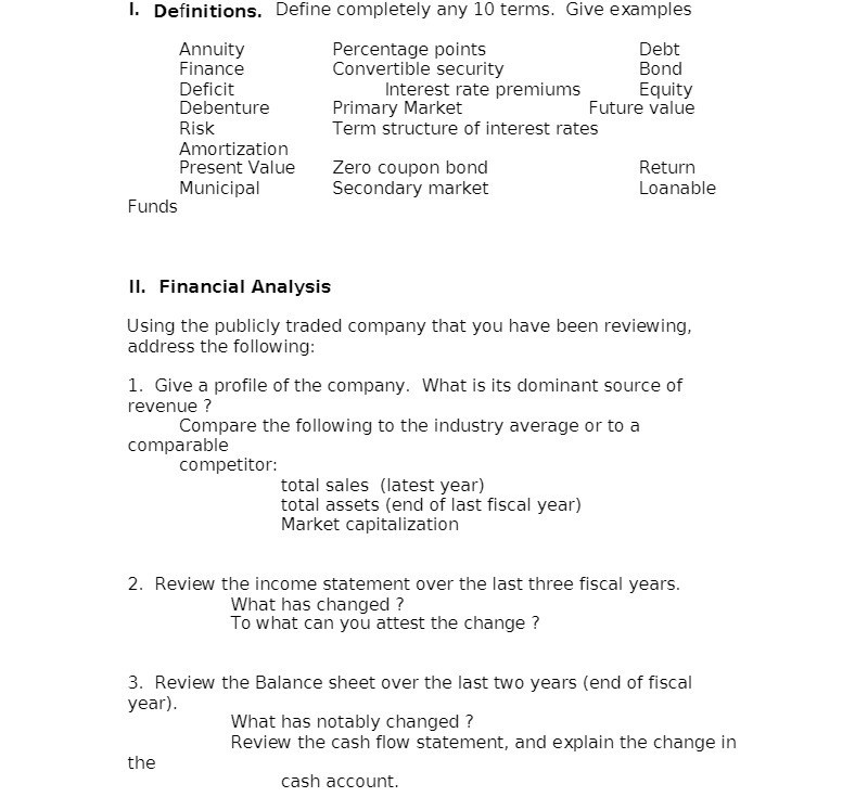 I. Definitions. Dene completely any 10 terms.