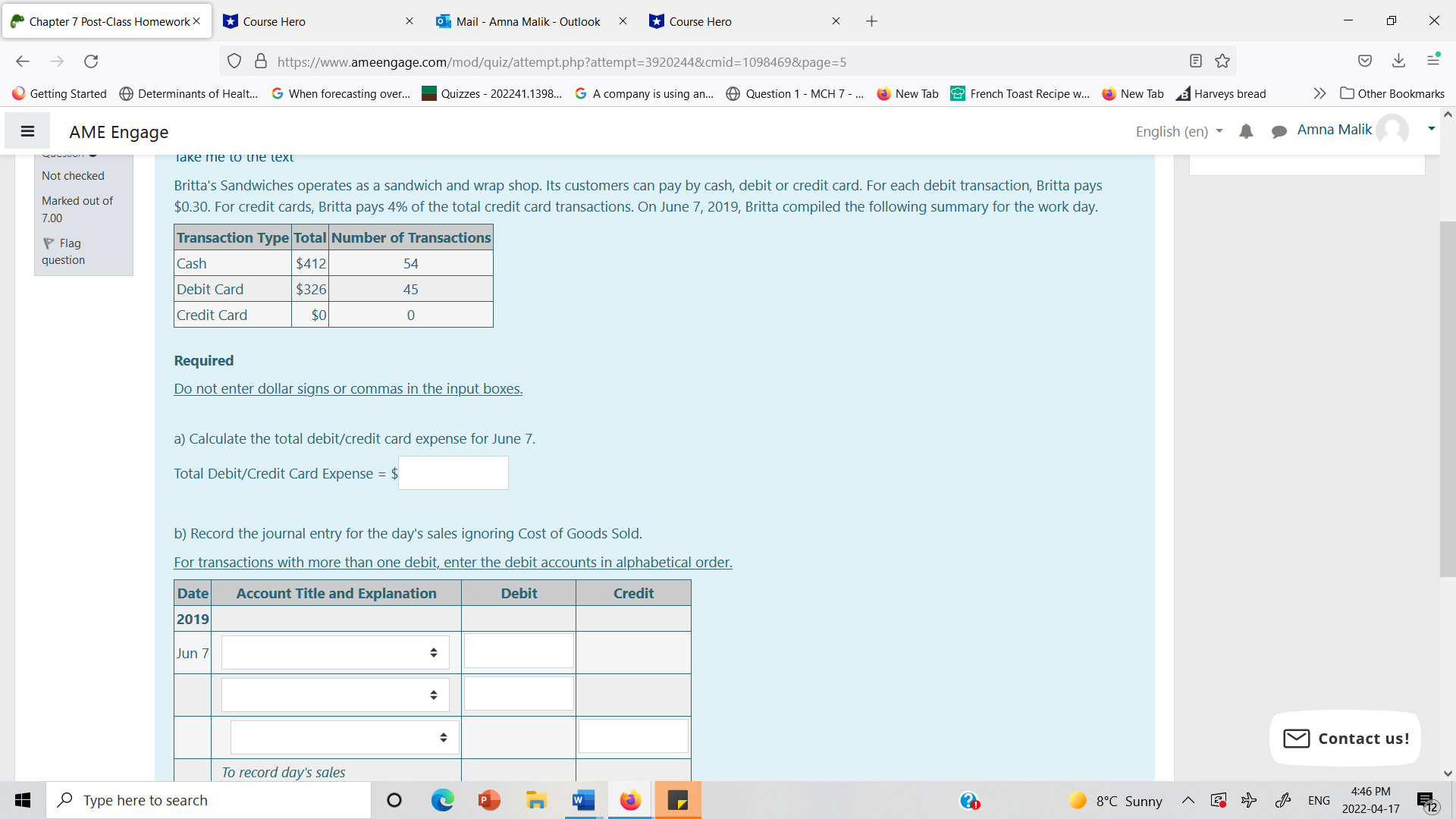 Chapter 7 Post-Class Homework X *Course Hero X