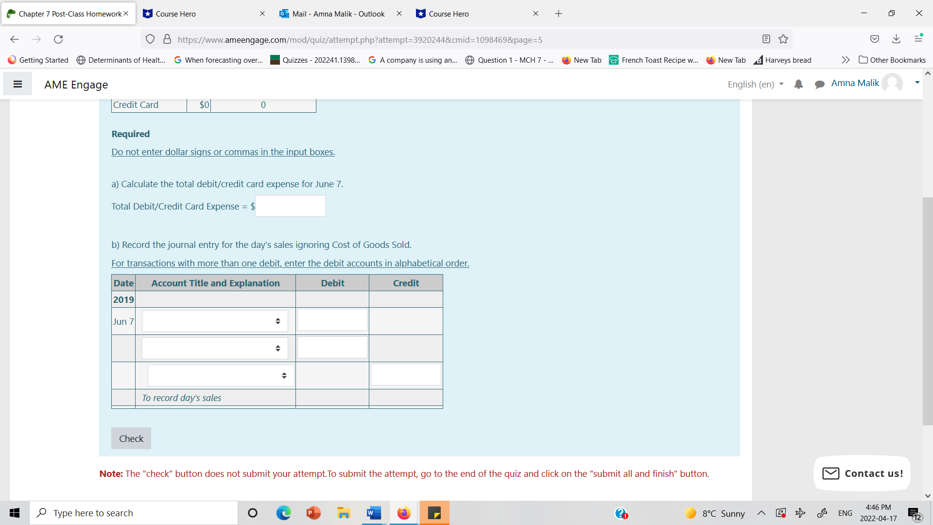 Chapter 7 Post-Class Homework X *Course Hero X
