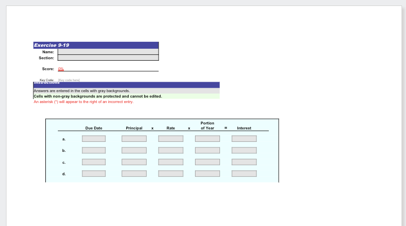 Exercise 9-19 Name: Section: Score: King Cada: