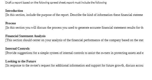 Draft a report based on the folowing spreed