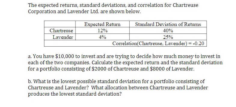 The expected returns, standard deviations, and