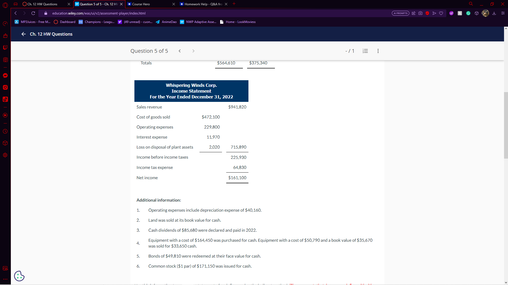 O X we Question 5 of 5 - Ch. 12 HV X Q ()Ch. 12