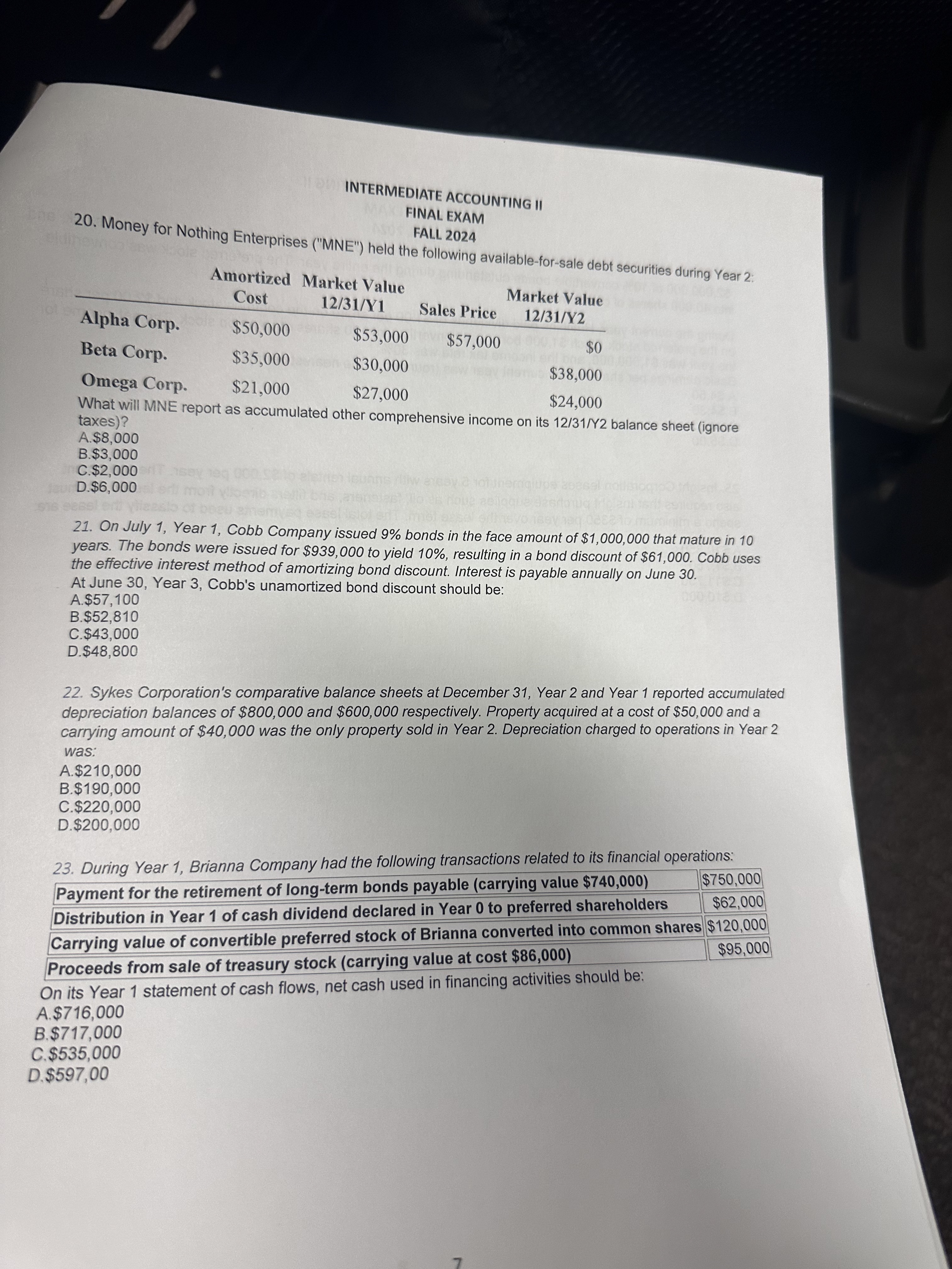 INTERMEDIATE ACCOUNTING II FINAL EXAM FALL 2 0 2