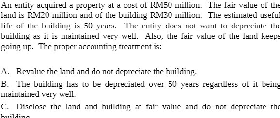 An entity acquired a property at a cost of RM50