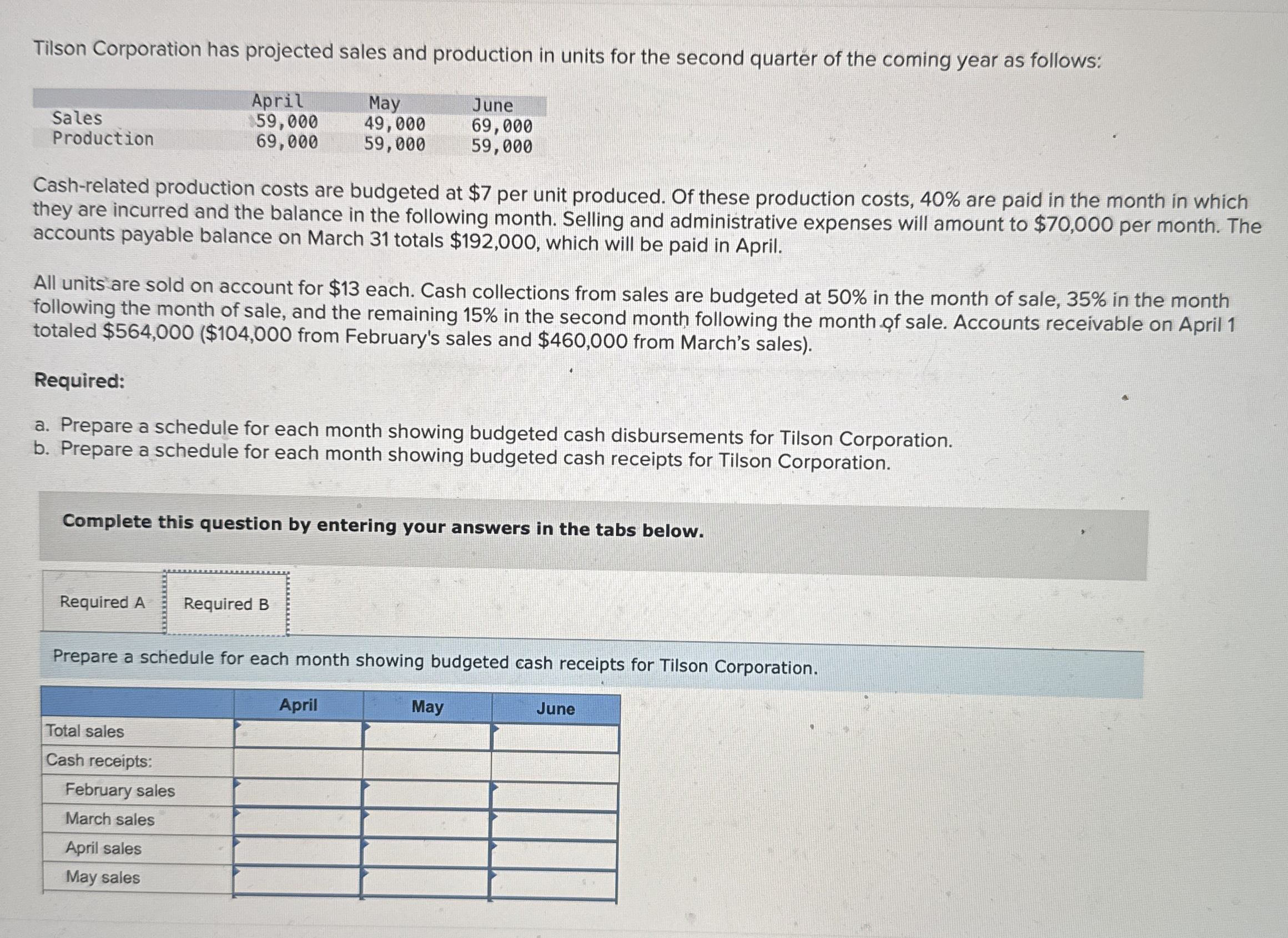 Tilson Corporation has projected sales and